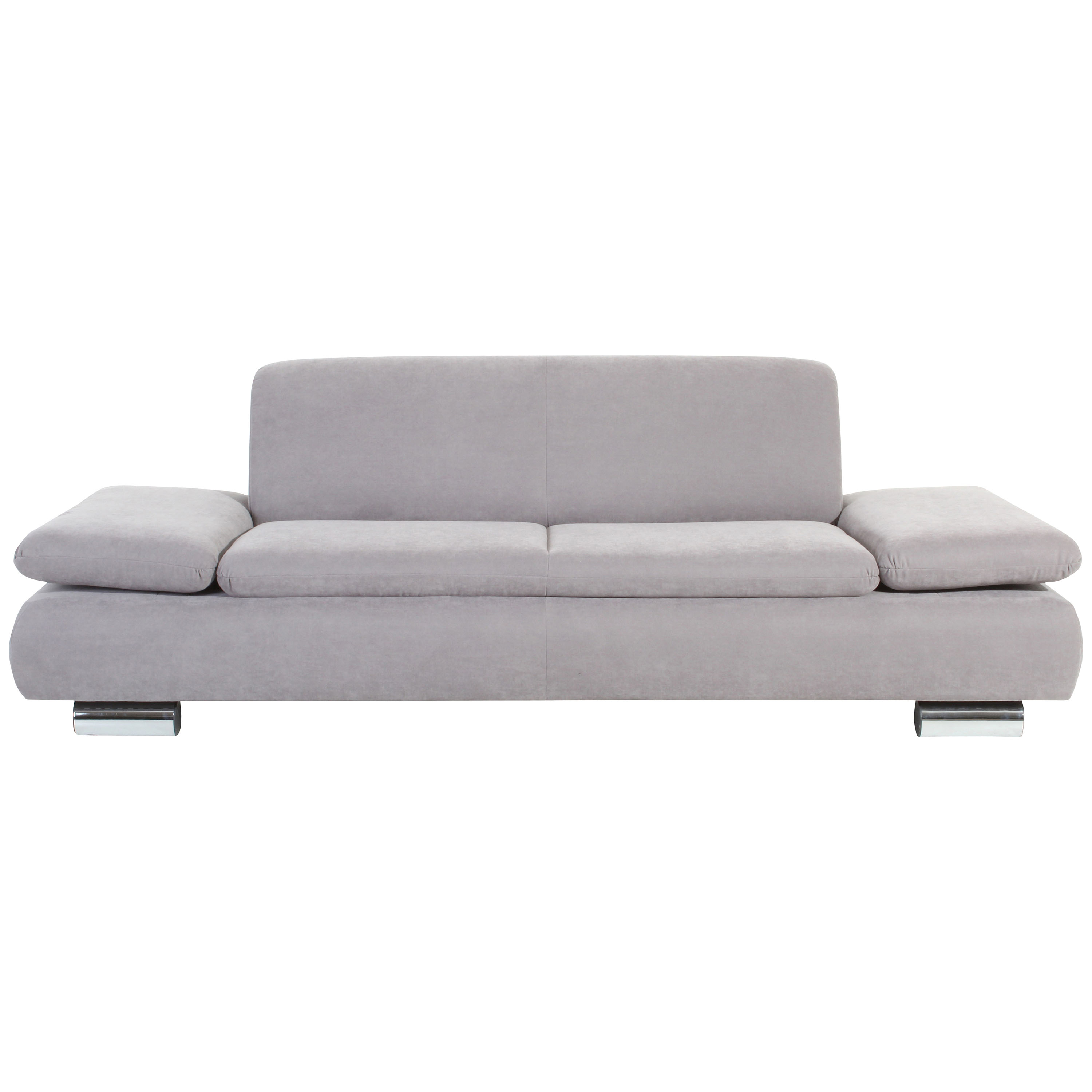 frontansicht von einem 2,5-sitzer sofa in silber mit verchromten metallfüssen