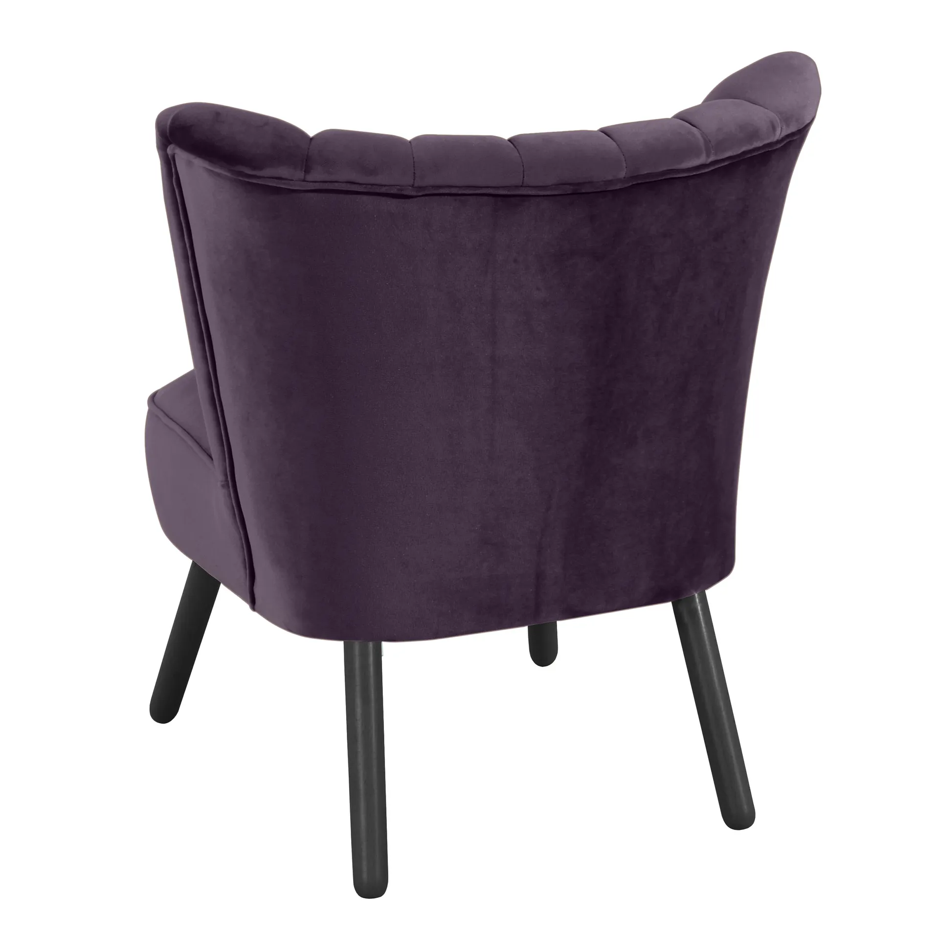 rückansicht eines formschönen sessel in purple mit schwarzen holzbeinen