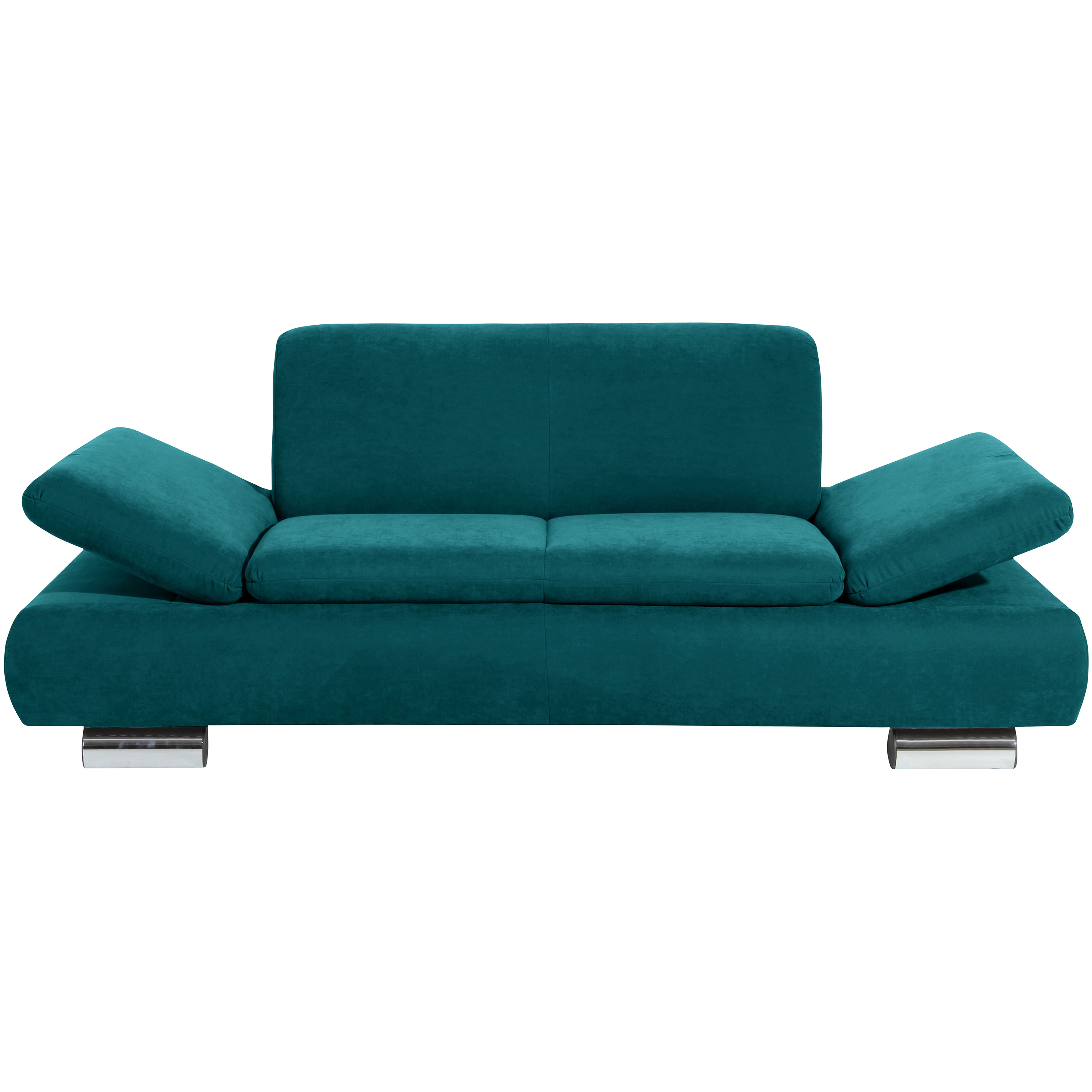 frontansicht von einem 2-sitzer sofa in petro mit hochgeklappten armteilen und verchromten metallfüssen