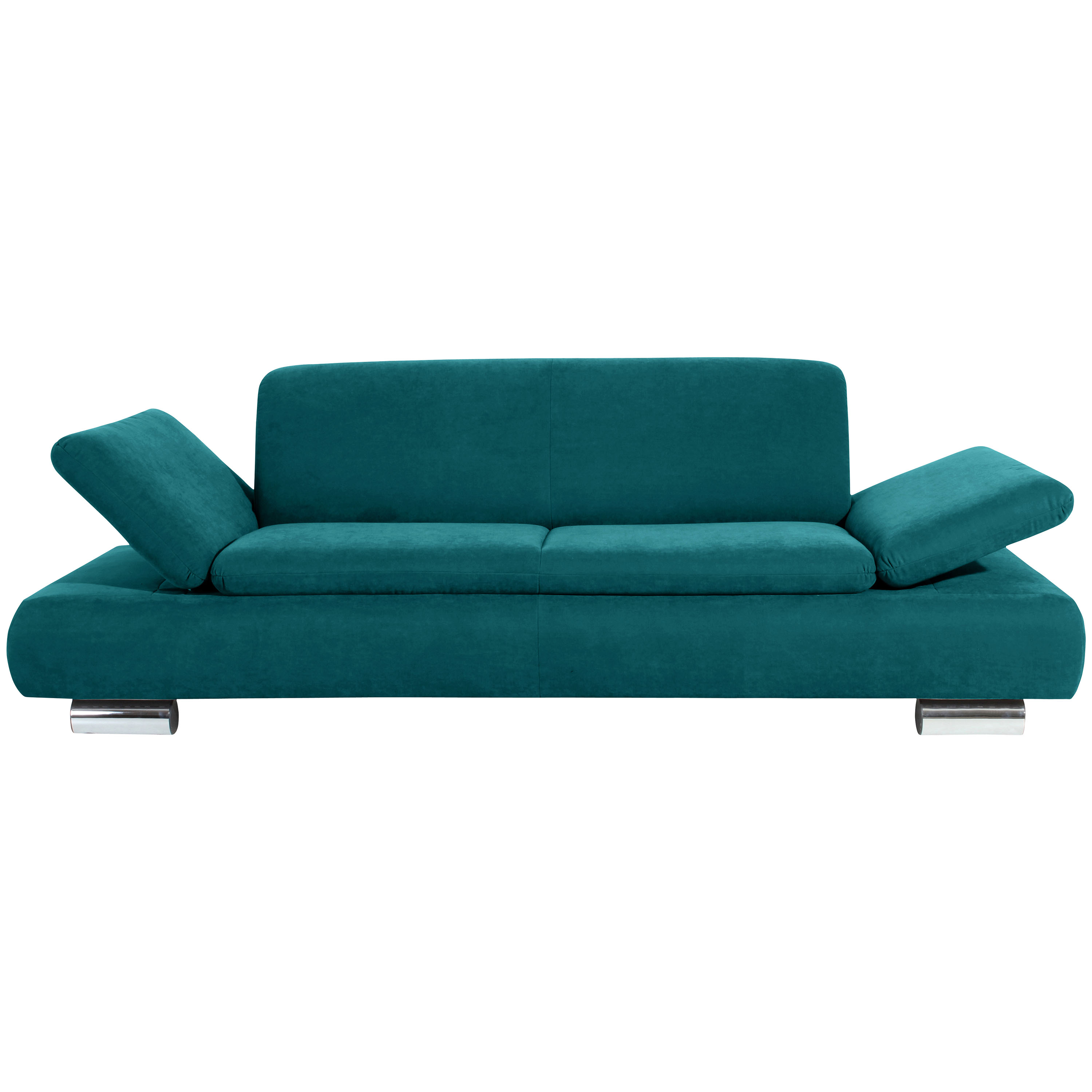 frontansicht von einem 2,5-sitzer sofa in petrol mit hochgeklappten armteilen und verchromten metallfüssen