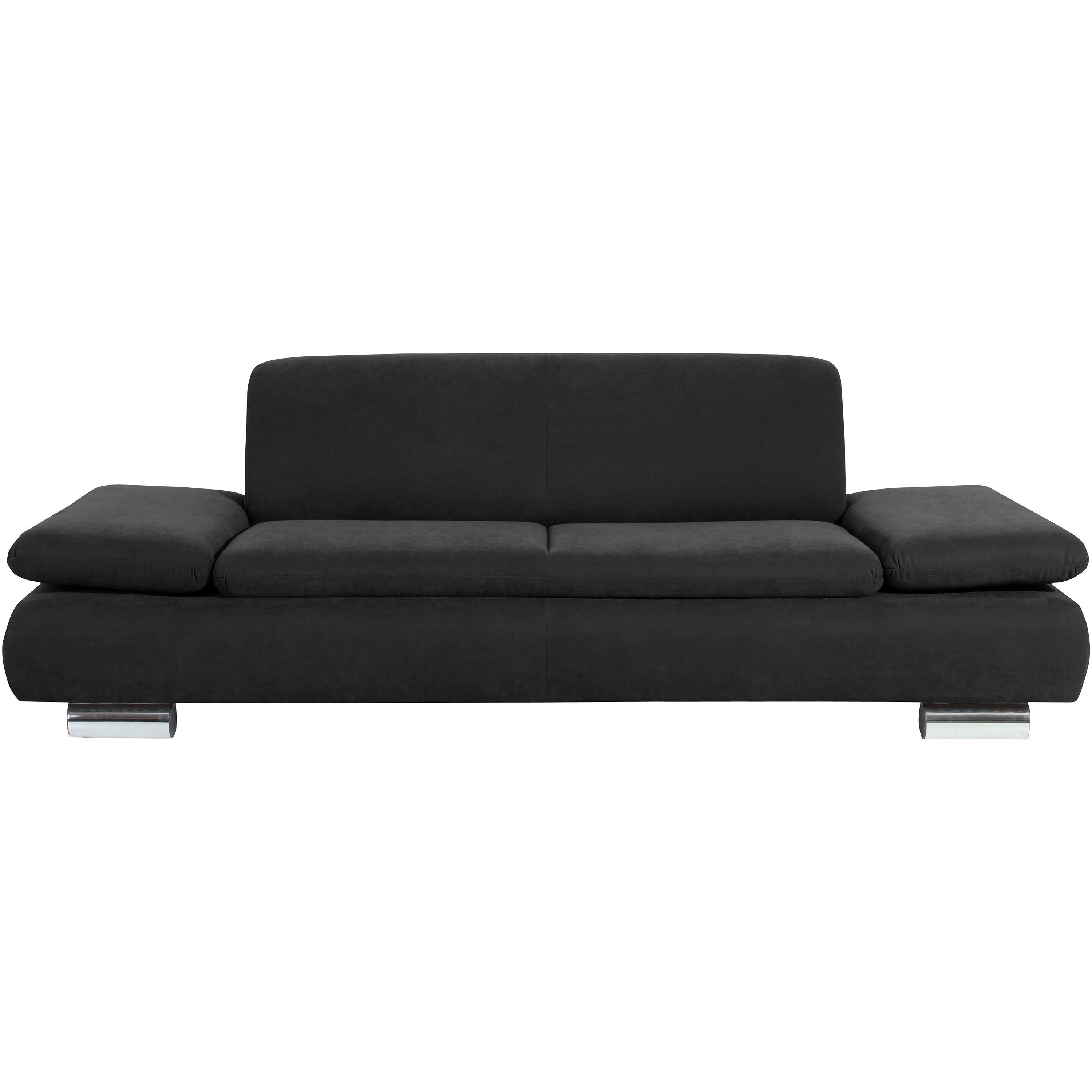 frontansicht von einem schwarzen sofa mit verchromten metallfüssen