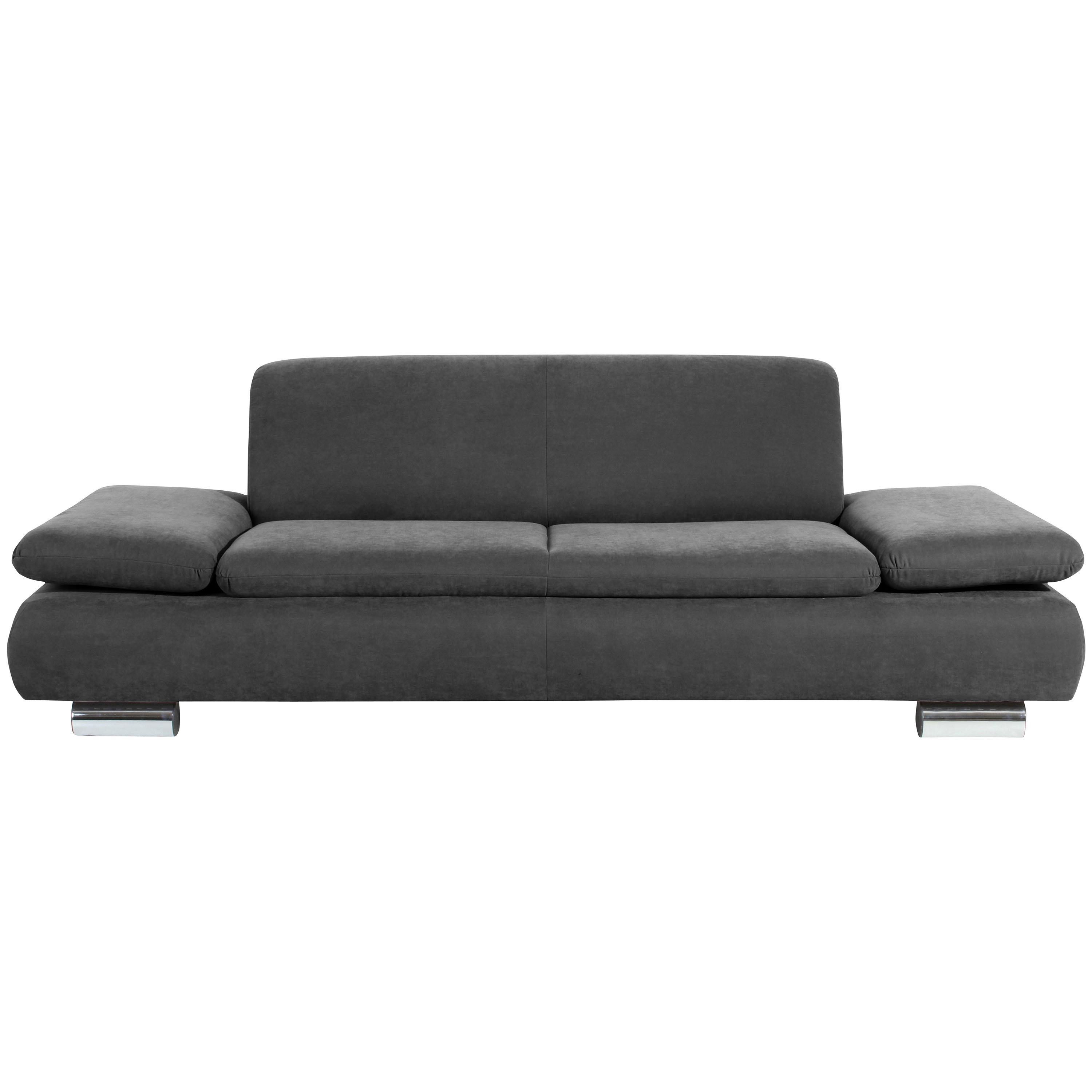 frontansicht von einem gemütlichen 2,5-sitzer sofa in anthrazit mit verchromten metallfüssen