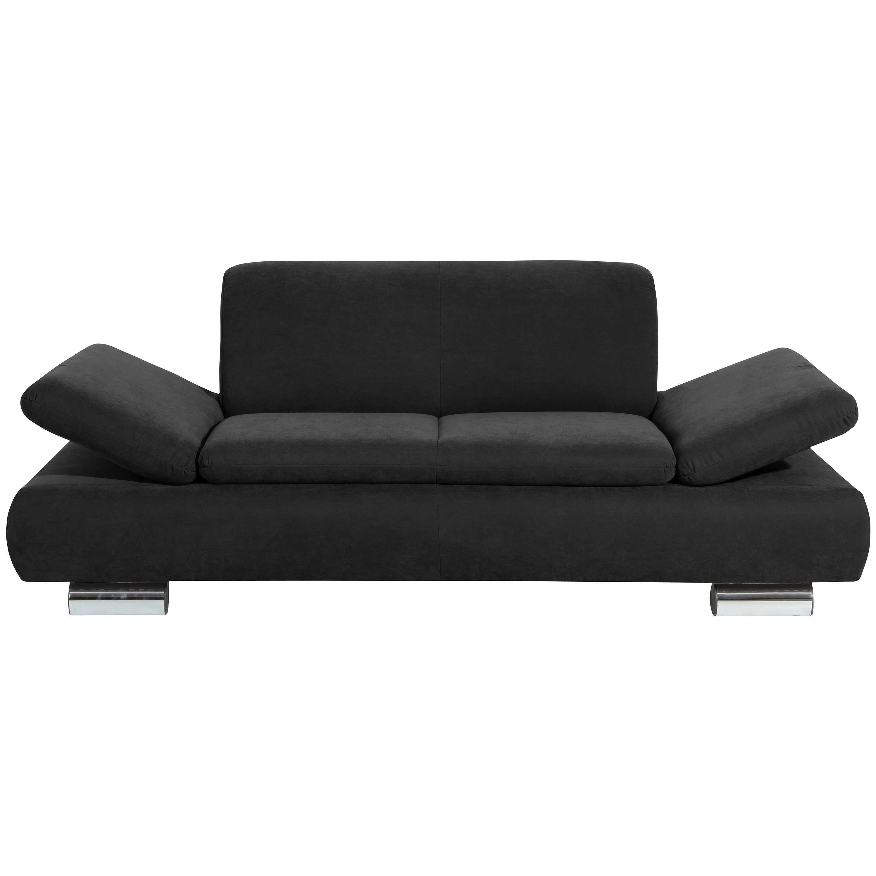 frontansicht von einem schwazen 2-sitzer sofa mit hochgeklappten armteilen und verchromten metallfüssen