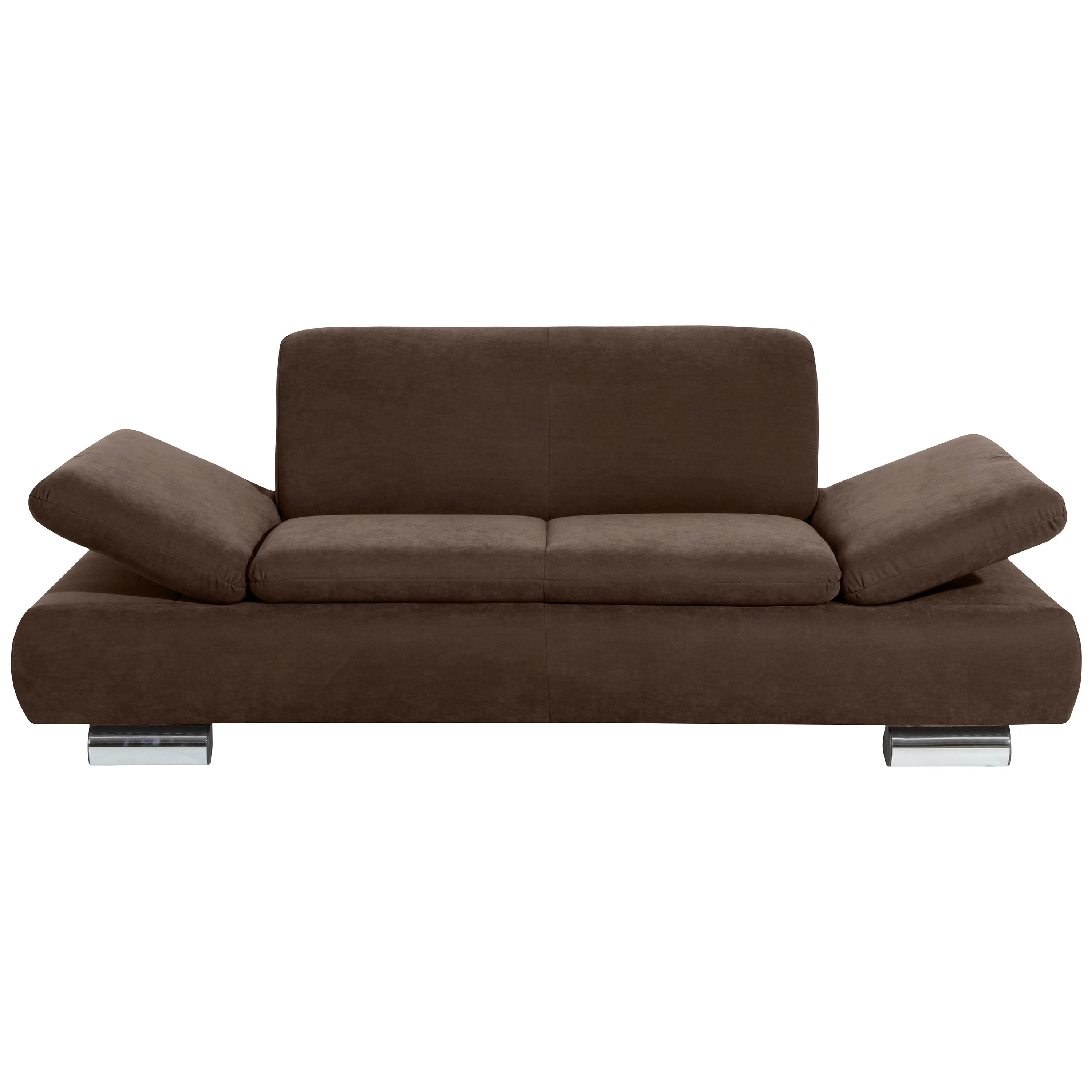 frontansicht von einem 2-sitzer sofa in braun mit hochgeklappten armteilen und verchromten metallfüssen