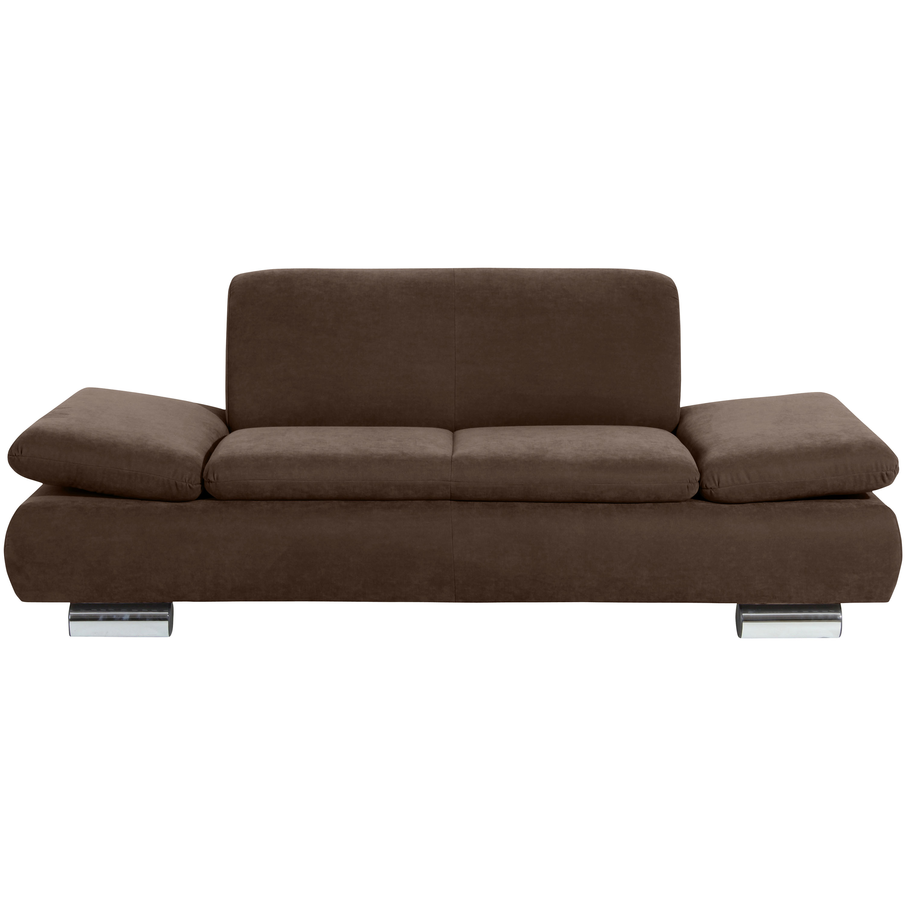 frontansicht von einem braunen 2-sitzer sofa mit verchromten metallfüssen