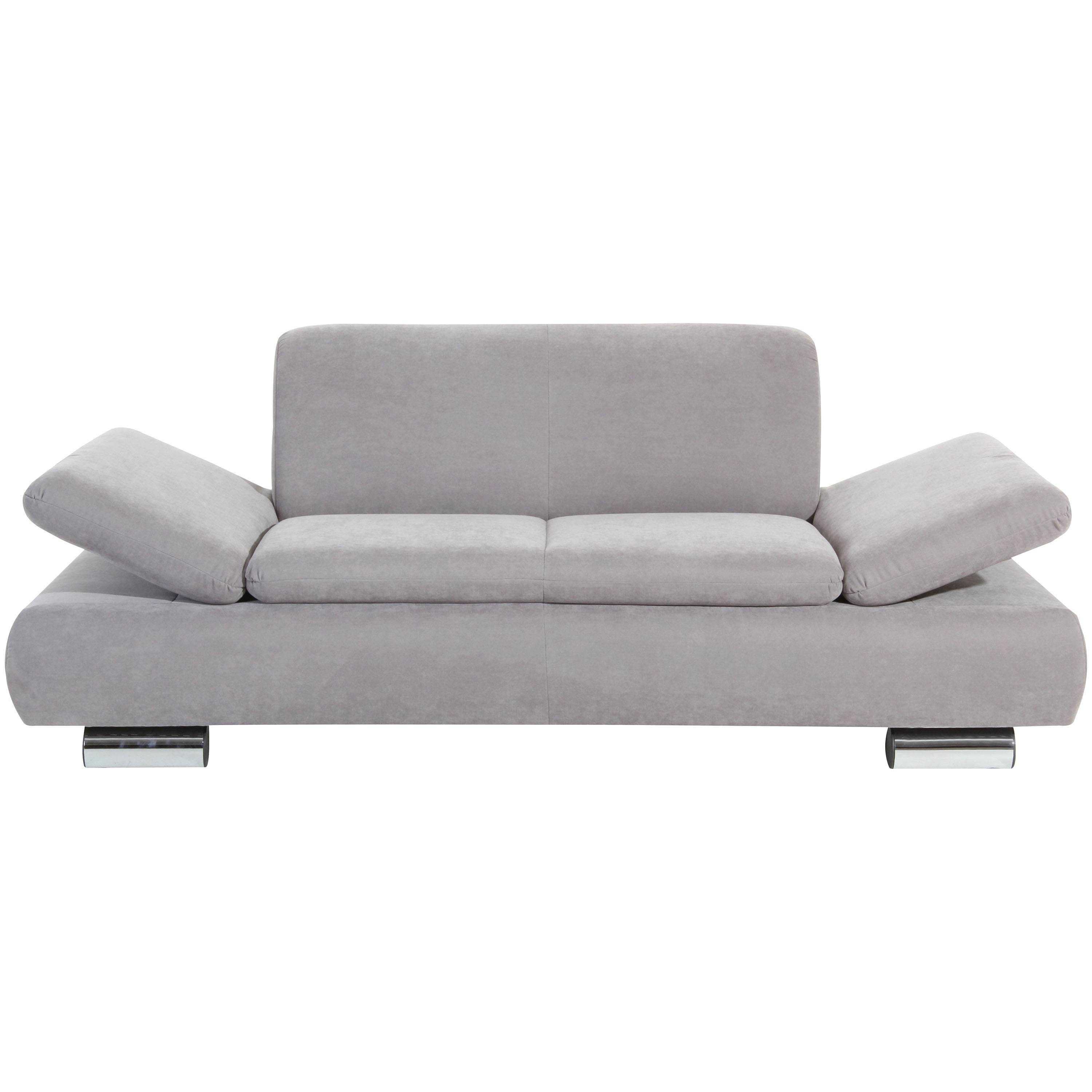 frontansicht von einem silbernen 2-sitzer sofa mit verchromten metallfüssen