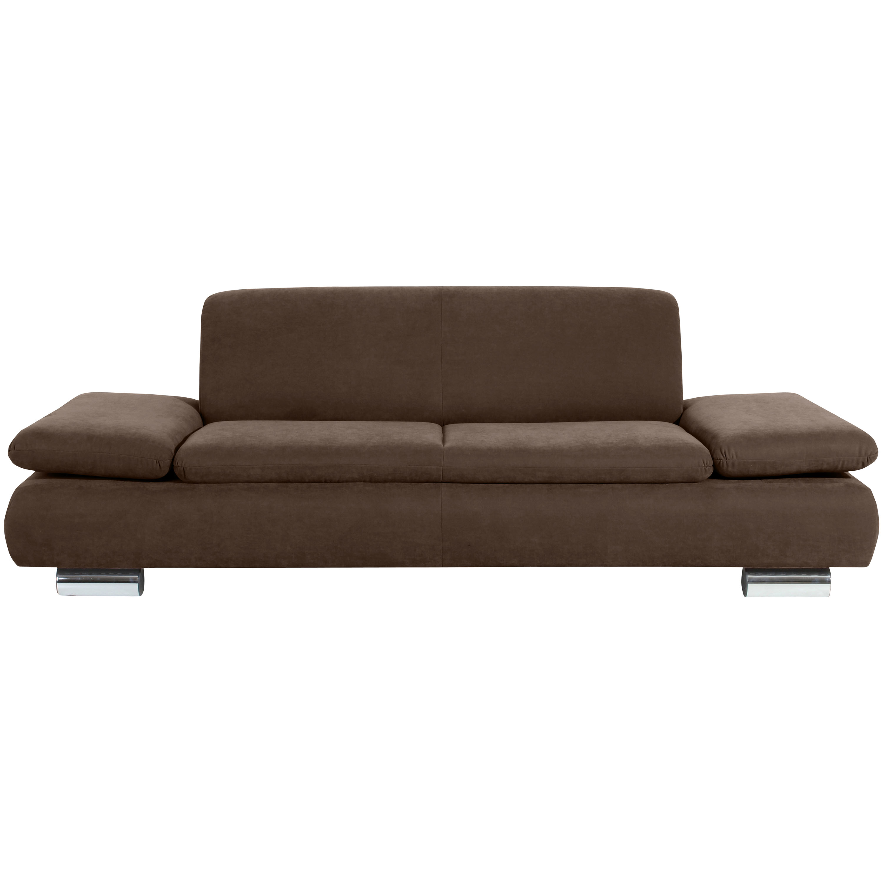 frontansicht von einem braunen 2,5-sitzer sofa mit verchromten metallfüssen