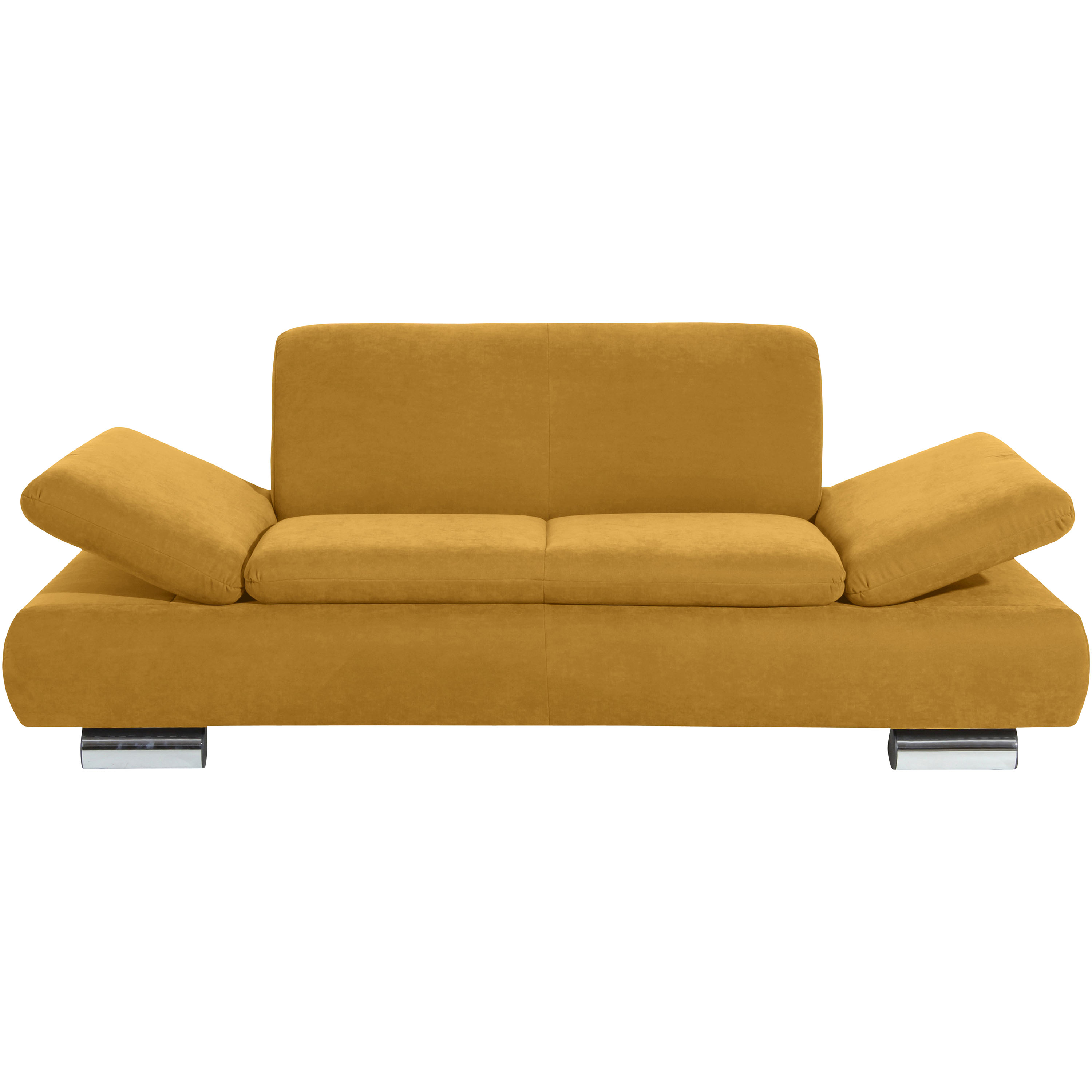 formschönes 2-sitzer sofa in mais mit hochgeklappten armteilen und verchromten metallfüssen